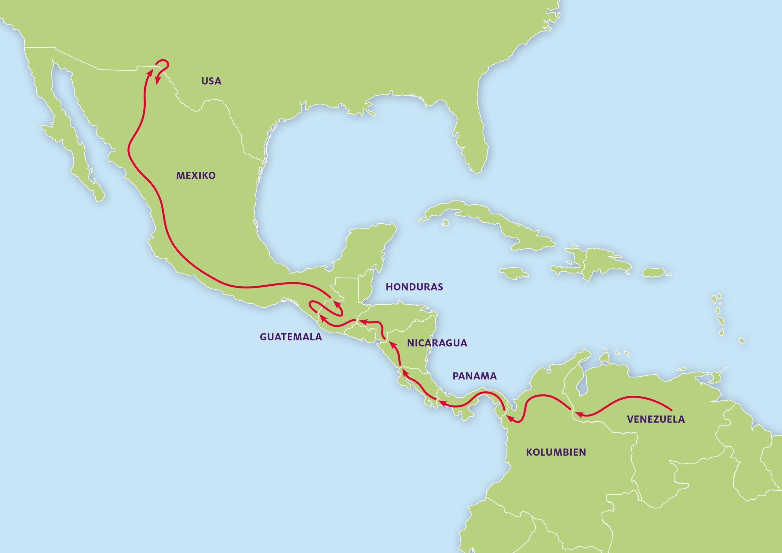 Karte der Fluchtroute von Venezuela nach Mexiko